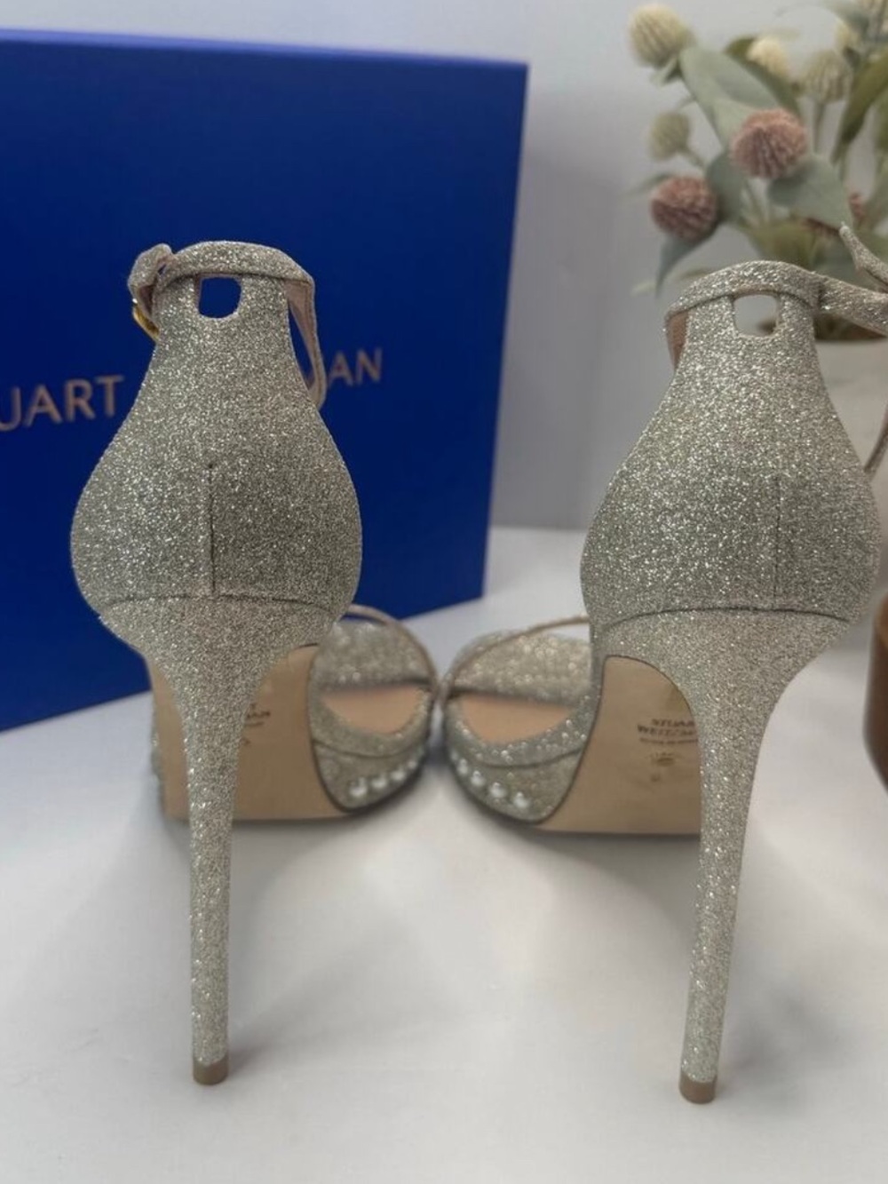 Stuart Weitzman Silver Glitter Pearl-Trim High Heel Sandals 8 B - Picture 4 of 9